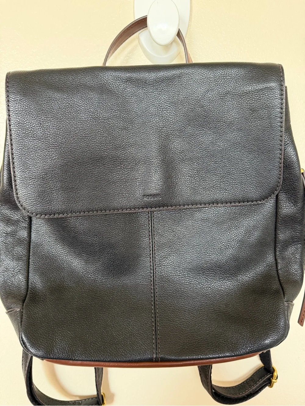 FOSSIL Black Pebbled Leather Backpack with Brown Trim